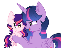 Size: 1138x891 | Tagged: safe, artist:crazyaya, artist:firegalaxysparkle, imported from derpibooru, twilight sparkle, oc, oc:neutron star, alicorn, pony, baby, baby pony, base used, duo, female, holding a pony, looking at each other, magical lesbian spawn, mother and child, mother and daughter, offspring, parent:princess celestia, parent:twilight sparkle, parents:twilestia, simple background, transparent background, twilight sparkle (alicorn)