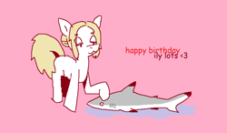 Size: 1400x818 | Tagged: safe, artist:violettacamak, imported from derpibooru, oc, oc only, oc:absinthe hyacinthum, earth pony, pony, shark, simple background, solo