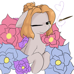 Size: 2362x2362 | Tagged: safe, artist:jubyskylines, imported from derpibooru, oc, oc only, oc:absinthe hyacinthum, earth pony, pony, flower, looking at you, simple background, solo, white background