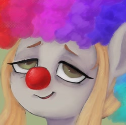 Size: 1024x1021 | Tagged: safe, artist:violettacamak, imported from derpibooru, oc, oc only, oc:absinthe hyacinthum, pegasus, pony, clown, clown nose, looking up, red nose, solo