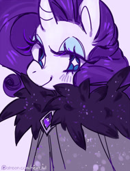 Size: 500x657 | Tagged: safe, artist:next-lvl, imported from ponybooru, rarity, pony, unicorn, bust, cloak, clothes, female, horn, mare, purple background, simple background, smiling, solo