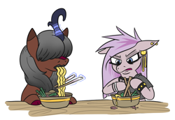 Size: 760x522 | Tagged: safe, artist:jargon scott, imported from ponybooru, oc, oc only, oc:kaumaha ekahi, oc:nada phase, earth pony, kirin, pony, chopsticks, duo, eating, female, food, goth, hair over eyes, hoof hold, kirin oc, levitation, magic, mare, noodles, not so dexterous hooves, ramen, simple background, telekinesis, white background