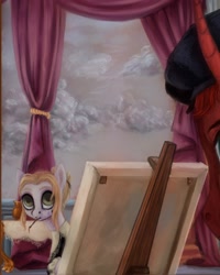 Size: 1304x1628 | Tagged: safe, artist:violettacamak, imported from derpibooru, oc, oc:absinthe hyacinthum, earth pony, pony, cloud, cloudy, curtains, easel, looking at you, paintbrush, painting, peeking, sky, table