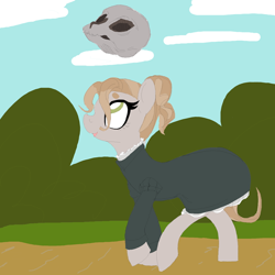 Size: 640x640 | Tagged: artist needed, safe, imported from derpibooru, oc, oc:absinthe hyacinthum, earth pony, pony, clothes, looking up, skull, solo, walking