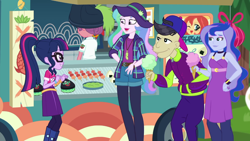 Size: 1920x1080 | Tagged: safe, imported from derpibooru, carrot bun, cranky doodle donkey, princess celestia, princess luna, sci-twi, twilight sparkle, equestria girls, equestria girls series, the road less scheduled, spoiler:eqg series (season 2), backwards ballcap, baseball cap, bracelet, cap, choker, clothes, cute, cutie mark, cutie mark on clothes, dress, excited, feather necklace, flannel, flannel shirt, food, glasses, hat, ice cream, jewelry, music festival outfit, ponytail, principal celestia, shorts, sushi, twiabetes, vice principal luna