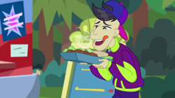 Size: 1920x1080 | Tagged: safe, imported from derpibooru, screencap, cranky doodle donkey, human, equestria girls, equestria girls series, the road less scheduled, spoiler:eqg series (season 2), falafel, food, hungry, solo, tongue out