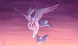 Size: 1280x768 | Tagged: safe, artist:littlepudel, imported from derpibooru, princess flurry heart, alicorn, pony, female, mare, missing cutie mark, older, older flurry heart, simple background, sky, solo, spread wings, stars, wings