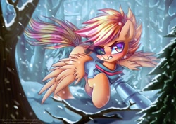 Size: 1024x725 | Tagged: safe, artist:chaosangeldesu, imported from derpibooru, oc, oc only, pegasus, pony, angry, angry face, armor, blizzard, clothes, commission, dark magic, forest background, magic, pegasus oc, scarf, snow, snowfall, solo, spread wings, wings