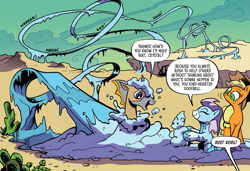 Size: 1491x1019 | Tagged: safe, artist:andypriceart, idw, imported from derpibooru, applejack, crystal (character), dust devil (comic), abada, earth pony, kelpie, spoiler:comic, spoiler:comic91, cactus, cropped, desert, female, ice, kindness, nonbinary, season 10, snow, snowman