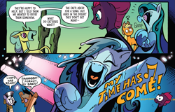 Size: 1491x954 | Tagged: safe, artist:andypriceart, idw, imported from derpibooru, applejack, cactus rose, medley brook, tempest shadow, zecora, abada, earth pony, kelpie, unicorn, zebra, spoiler:comic, spoiler:comic91, cactus, cropped, female, imminent singing, laughing, question mark, season 10, singing, spotlight