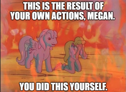 Size: 665x486 | Tagged: safe, edit, edited screencap, imported from derpibooru, screencap, megan williams, wind whistler, human, pony, my little pony 'n friends, the magic coins, caption, fire, g1, guilt, image macro, megan's fire, op can't let go, text
