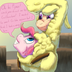 Size: 1584x1584 | Tagged: safe, artist:firefanatic, imported from derpibooru, paprika paca, pinkie pie, them's fightin' herds, chest fluff, community related, confused, cute, dialogue, fluffy, hammerspace hair, pinkie being pinkie, smiling