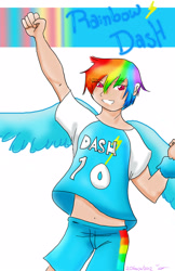 Size: 1970x3045 | Tagged: safe, artist:ruzovymonster, imported from derpibooru, rainbow dash, human, belly button, humanized, winged humanization, wings
