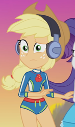 Size: 924x1571 | Tagged: safe, imported from derpibooru, screencap, applejack, rarity, equestria girls, equestria girls series, lost and found, belly button, bikini, clothes, cropped, female, geode of super strength, headphones, magical geodes, solo focus, swimsuit