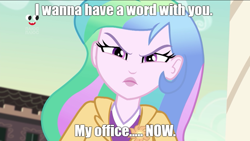 Size: 800x451 | Tagged: safe, edit, edited screencap, imported from derpibooru, screencap, princess celestia, equestria girls, equestria girls series, holidays unwrapped, spoiler:eqg series (season 2), angry, caption, celestia is not amused, imminent punishment, looking at you, meme, plusplus, principal celestia, text, this will end in detention, uh oh, unamused