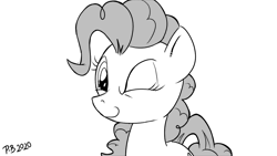 Size: 1200x675 | Tagged: safe, artist:pony-berserker, imported from derpibooru, pinkie pie, breaking the fourth wall, looking at you, monochrome, one eye closed, pony-berserker's twitter sketches, smiling, stippling, wink