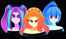 Size: 4000x2400 | Tagged: safe, artist:xan-gelx, imported from derpibooru, adagio dazzle, aria blaze, sonata dusk, equestria girls, bare shoulders, black background, clothes, lidded eyes, looking at you, simple background, the dazzlings, trio