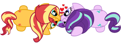 Size: 2532x912 | Tagged: safe, artist:lincolnbrewsterfan, editor:rozyfly10, imported from derpibooru, starlight glimmer, sunset shimmer, unicorn, boop, female, females only, from above, heart, high angle, kissing, lesbian, shimmerglimmer, shipping, simple background, top down, transparent background