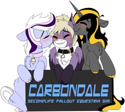 Size: 2425x2160 | Tagged: safe, artist:brainiac, derpibooru exclusive, imported from derpibooru, oc, oc:foxtrot, oc:knick knack, oc:whiskey lullaby, cat, cat pony, original species, pegasus, unicorn, derpibooru community collaboration, 2021 community collab, bell, bell collar, blushing, carbondale, collar, cute, kissing, second life, simple background, smooch, text, transparent background, unshorn fetlocks