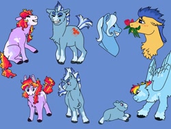 Size: 1280x960 | Tagged: safe, artist:berriesandsmallbirds, imported from derpibooru, flash sentry, rainbow dash, trixie, oc, oc:festivity blast, oc:swan, pony, baby, baby pony, blue background, colt, family, female, flower, flower in mouth, magical lesbian spawn, male, mouth hold, offspring, parent:flash sentry, parent:pinkie pie, parent:rainbow dash, parent:trixie, parents:pinkiedash, parents:sentrixie, rose, rose in mouth, sentrixie, shipping, simple background, straight