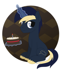 Size: 2207x2566 | Tagged: safe, artist:dyonys, imported from derpibooru, oc, birthday cake, cake, food, magic, male, simple background, sitting, stallion, transparent background