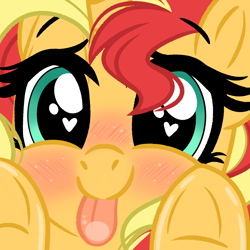 Size: 2000x2000 | Tagged: safe, artist:emberslament, imported from derpibooru, sunset shimmer, pony, unicorn, :p, blushing, cute, heart eyes, licking screen, looking at you, shimmerbetes, tongue out, underhoof, wingding eyes