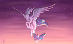 Size: 5000x3000 | Tagged: safe, artist:littlepudel, imported from derpibooru, princess flurry heart, alicorn, pony, curved horn, female, flying, horn, leonine tail, mare, older, older flurry heart, simple background, sky, solo, spread wings, stars, wings