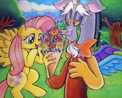 Size: 1144x916 | Tagged: safe, artist:tiger-of-my-eye, imported from derpibooru, discord, fluttershy, draconequus, pegasus, pony, amazed, bouquet, bowtie, discoshy, duo, female, flower, holding, looking at something, male, mare, open mouth, outdoors, shipping, singing, smiling, spread wings, straight, traditional art, tree, wings