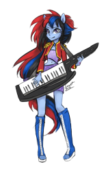 Size: 683x1080 | Tagged: safe, artist:elisdoominika, imported from derpibooru, oc, oc:synthia, equestria girls, belly button, clothes, dress, female, full body, keytar, musical instrument, playing instrument, purple eyes, simple background, smiling, solo, transparent background