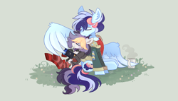 Size: 4200x2400 | Tagged: safe, artist:liquorice_sweet, imported from derpibooru, oc, oc only, oc:liquorice sweet, oc:soaring skies, earth pony, pegasus, pony, clothes, couple, cuddling, eyes closed, hoodie, mug, nintendo switch, oc x oc, relaxing, scarf, shipping, sitting, smiling, socks, striped socks, together, uniform, wonderbolts, wonderbolts uniform