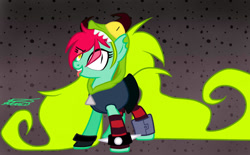 Size: 1450x900 | Tagged: safe, artist:crystalcontemplator, imported from derpibooru, earth pony, pony, :p, clothes, costume, demencia, heterochromia, ponified, signature, tongue out, villainous