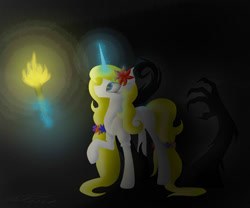 Size: 1200x1000 | Tagged: safe, artist:crystalcontemplator, imported from derpibooru, oc, oc only, pony, unicorn, female, flower, flower in hair, glowing horn, horn, magic, mare, raised hoof, shadow, solo, telekinesis, torch