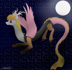 Size: 1110x1080 | Tagged: safe, artist:crystalcontemplator, imported from derpibooru, oc, oc only, draconequus, draconequus oc, flying, full moon, moon, night, signature, solo, stars