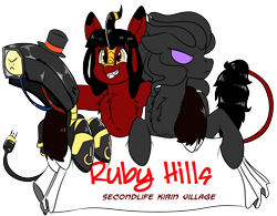 Size: 2776x2160 | Tagged: safe, artist:brainiac, imported from derpibooru, oc, oc only, oc:cevere, oc:kokuma, oc:lamp, oc:ruby kirin, oc:voidling, derpibooru community collaboration, 2021 community collab, ruby hills, second life, simple background, transparent background