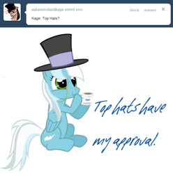 Size: 970x976 | Tagged: safe, artist:ask-fleetfoot, imported from derpibooru, fleetfoot, pony, alternate hairstyle, ask-fleetfoot, cup, hat, monocle, solo, teacup, top hat