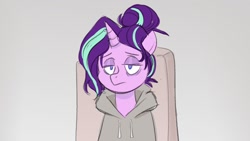 Size: 1280x720 | Tagged: safe, artist:smol_andriusha, imported from derpibooru, starlight glimmer, pony, unicorn, alternate hairstyle, bags under eyes, bust, clothes, female, frown, gray background, hoodie, mare, simple background, sleepy, tired