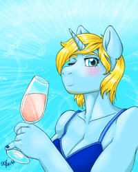 Size: 1024x1280 | Tagged: safe, artist:star kidd, imported from derpibooru, oc, oc only, oc:skydreams, anthro, unicorn, abstract background, bikini, bikini top, blushing, champagne, champagne glass, clothes, feather, female, looking at you, mare, one eye closed, solo, sparkles, swimsuit, wink, winking at you