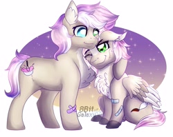 Size: 3264x2600 | Tagged: safe, artist:8bitgalaxy, imported from derpibooru, oc, oc only, oc:coco meringue, oc:razz meringue, earth pony, pegasus, pony, bandage, chest fluff, duo, heterochromia, sitting, smiling, twins