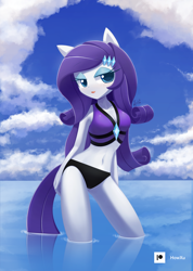 Size: 1000x1407 | Tagged: safe, artist:howxu, imported from derpibooru, rarity, anthro, adorasexy, belly button, bikini, breasts, busty rarity, cleavage, clothes, cloud, cute, lipstick, looking at you, patreon, patreon logo, raribetes, sexy, sky, solo, swimsuit, water