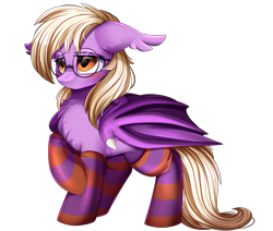Size: 3480x2948 | Tagged: safe, artist:pridark, imported from derpibooru, oc, oc only, oc:pinkfull night, bat pony, pony, bat pony oc, bat wings, blushing, chest fluff, clothes, fangs, female, floppy ears, glasses, shy, simple background, socks, solo, striped socks, teenager, transparent background, wings