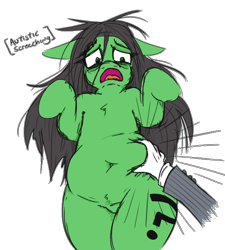 Size: 568x630 | Tagged: safe, artist:jargon scott, edit, oc, oc:anon, oc:anon-mare, oc:filly anon, earth pony, pony, autistic screeching, belly button, descriptive noise, fat, female, filly, grope, hand, offscreen character, simple background, solo focus, transparent background, white background