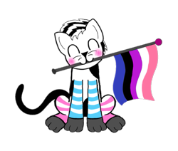 Size: 915x777 | Tagged: safe, artist:official_dj_scr4tchk4t, imported from derpibooru, oc, oc:scr4tchk4t, cat, cat pony, original species, derpibooru community collaboration, 2021 community collab, blushing, clothes, flag, genderfluid, genderfluid pride flag, holding a flag, mouth hold, paws, pride, pride flag, simple background, sitting, socks, striped socks, transparent background