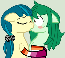 Size: 597x529 | Tagged: safe, artist:blitsazalisdash, artist:jadethepegasus, imported from derpibooru, juniper montage, wallflower blush, earth pony, pony, equestria girls, base used, blushing, clothes, equestria girls ponified, eyes closed, female, freckles, french kiss, gray background, hug, juniblush, juniperblush, kissing, lesbian, lesbian pride flag, mare, ponified, pride, pride flag, shipping, simple background, socks, striped socks, surprise kiss, surprised