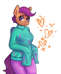 Size: 3000x3631 | Tagged: safe, artist:0blackster, imported from derpibooru, scootaloo, anthro, breasts, busty scootaloo, clothes, simple background, sweater, white background