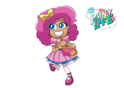 Size: 2039x1447 | Tagged: safe, artist:theladysknight, imported from derpibooru, pinkie pie, human, my little pony: pony life, alternate hairstyle, belt, bow, bowl, bowtie, bracelet, clothes, dough, dress, ear piercing, earring, eyeshadow, female, grin, hair bow, humanized, jewelry, lipstick, makeup, mary janes, piercing, shoes, simple background, skirt, smiling, socks, solo, spoon, stockings, thigh highs, transparent background, wooden spoon