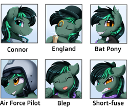 Size: 2349x1978 | Tagged: safe, artist:pridark, imported from derpibooru, oc, oc only, bat pony, :p, angry, bat pony oc, bat wings, commission, cup, cute, drink, emotions, eyes closed, hat, helmet, heterochromia, looking at you, meme, monocle, ocbetes, pilot, smiling, solo, teeth, tongue out, top hat, wings