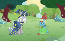 Size: 2048x1302 | Tagged: safe, artist:pillarsofequestria, imported from derpibooru, meadowbrook, star swirl the bearded, earth pony, pony, unicorn, fanfic:my little pony: friendship is sorcery, female, male, mare, scene interpretation, stallion