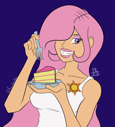 Size: 1320x1452 | Tagged: safe, artist:feralroku, imported from derpibooru, princess celestia, human, blue background, cake, food, fork, hair over one eye, humanized, national princess day, plate, simple background, smiling, solo, young celestia