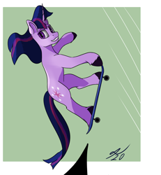 Size: 2000x2160 | Tagged: safe, artist:tenebrisnoctus, imported from derpibooru, twilight sparkle, pony, unicorn, female, green background, grin, mare, signature, simple background, skateboard, skateboarding, smiling, solo, unicorn twilight