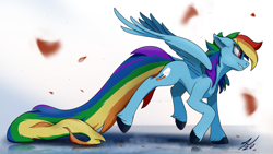 Size: 3840x2160 | Tagged: safe, artist:tenebrisnoctus, imported from derpibooru, rainbow dash, pegasus, pony, female, long tail, mare, petals, puddle, reflection, signature, simple background, smiling, solo, spread wings, wings